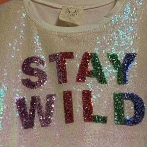 Fantastic Fawn Multicolor Sequin 'Stay Wild' Boxy Oversized T-Shirt Size Large